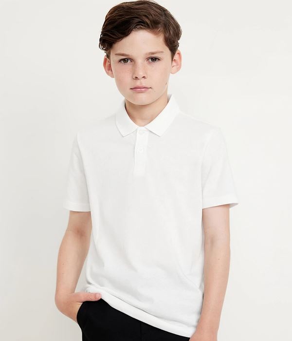 Child wearing a white polo shirt
