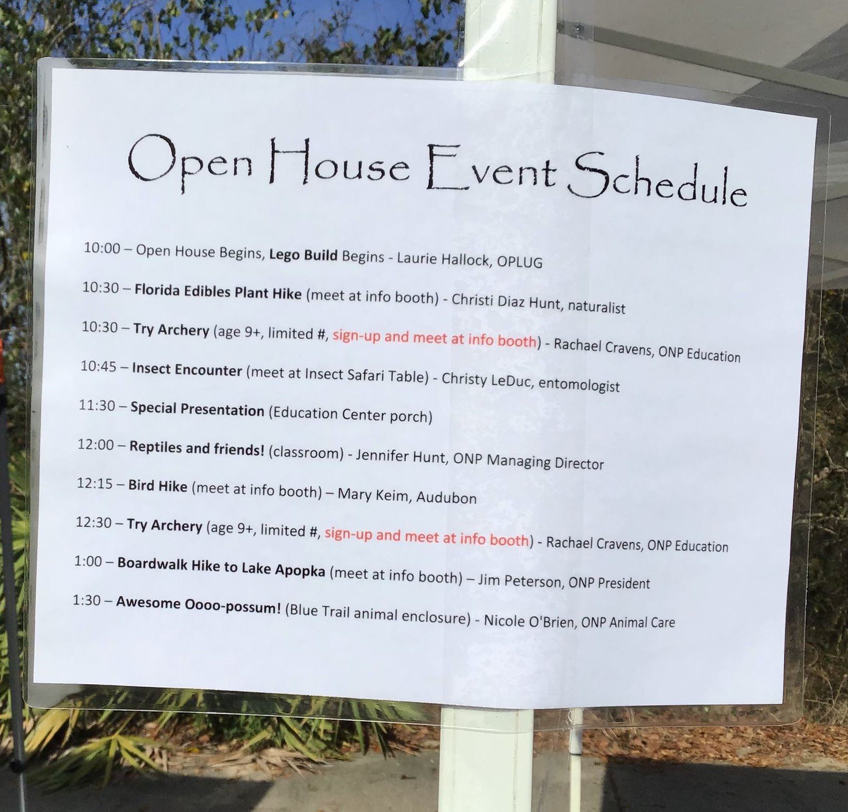 Open House detailed event schedule